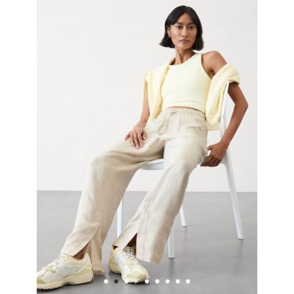 Athleta Retreat Linen Wide Leg Pants sz 14 Zip‎ Pockets Elastic Waist Drawstring